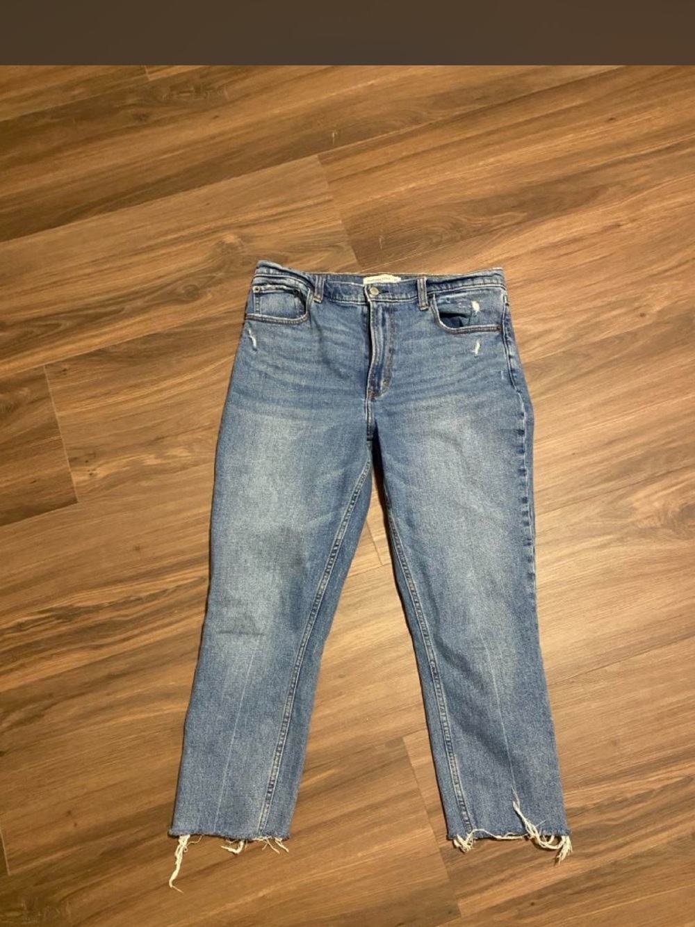 Abercrombie and Fitch JeanCropped Straight-Leg Jeans in Medium Blue with Raw Hem